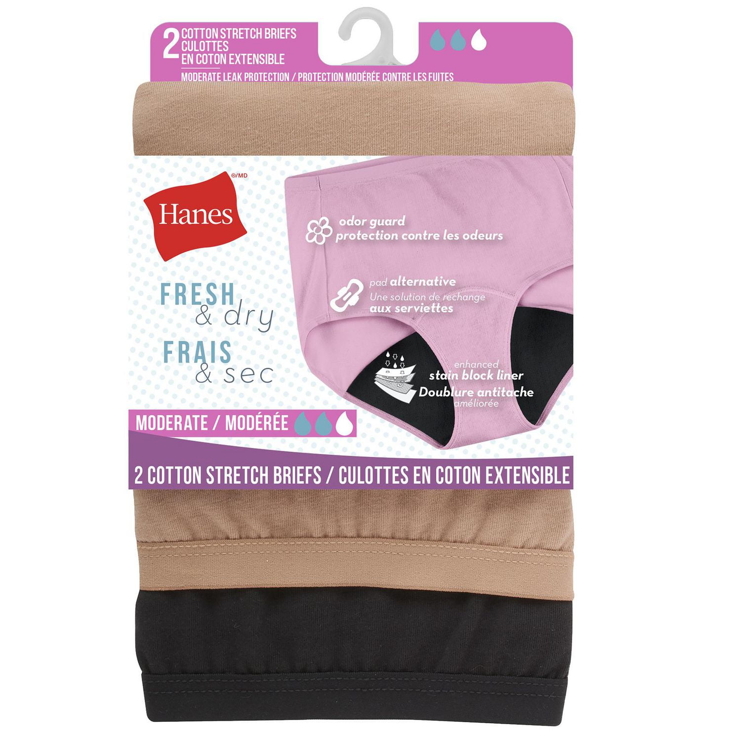 Hanes Fresh & Dry Moderate Leak Protection Briefs, 2-Pack, Sizes S - 2XL