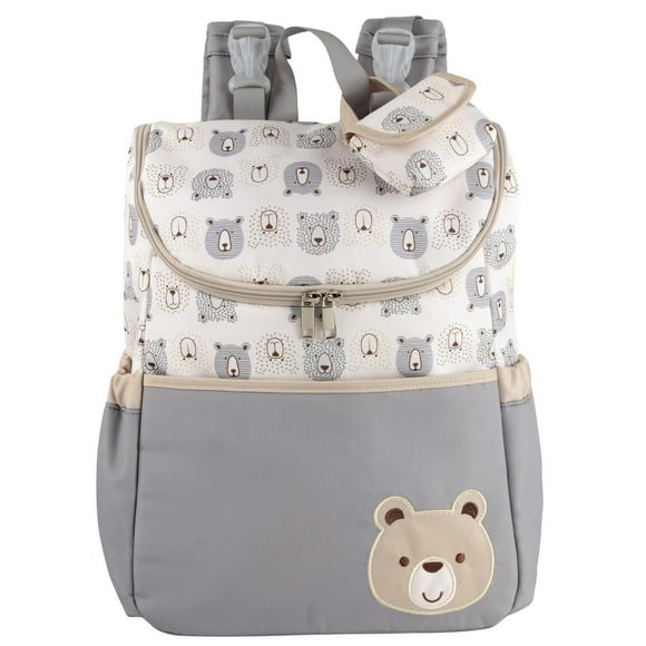 Baby Essentials Multi-Pocket Teddy Bear Print Baby Diaper Bag Backpack with Stroller Straps, Matching Changing Pad and Pacifier Pouch, 7 pockets