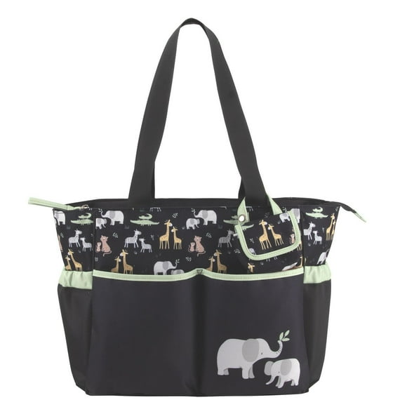 Baby Essentials Multi-Pocket Jungle Animals Baby Diaper Tote Bag with Matching Foldable 6 Ply Diaper Changing Pad and Velcro Closure Pacifier Pouch, 5 pockets