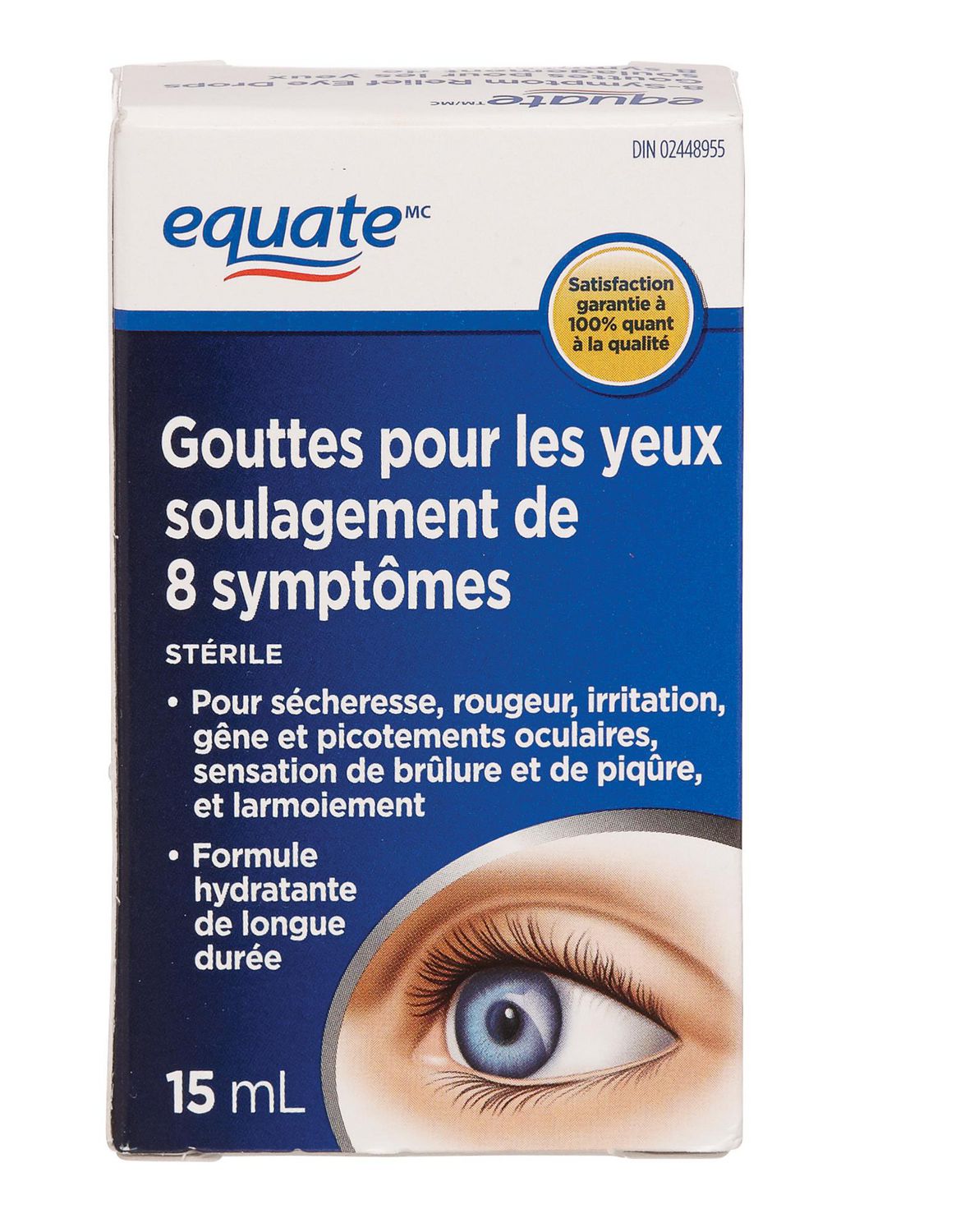 Gouttes pour les yeux Equate pour soulagement de 8 symptômes 15 ml