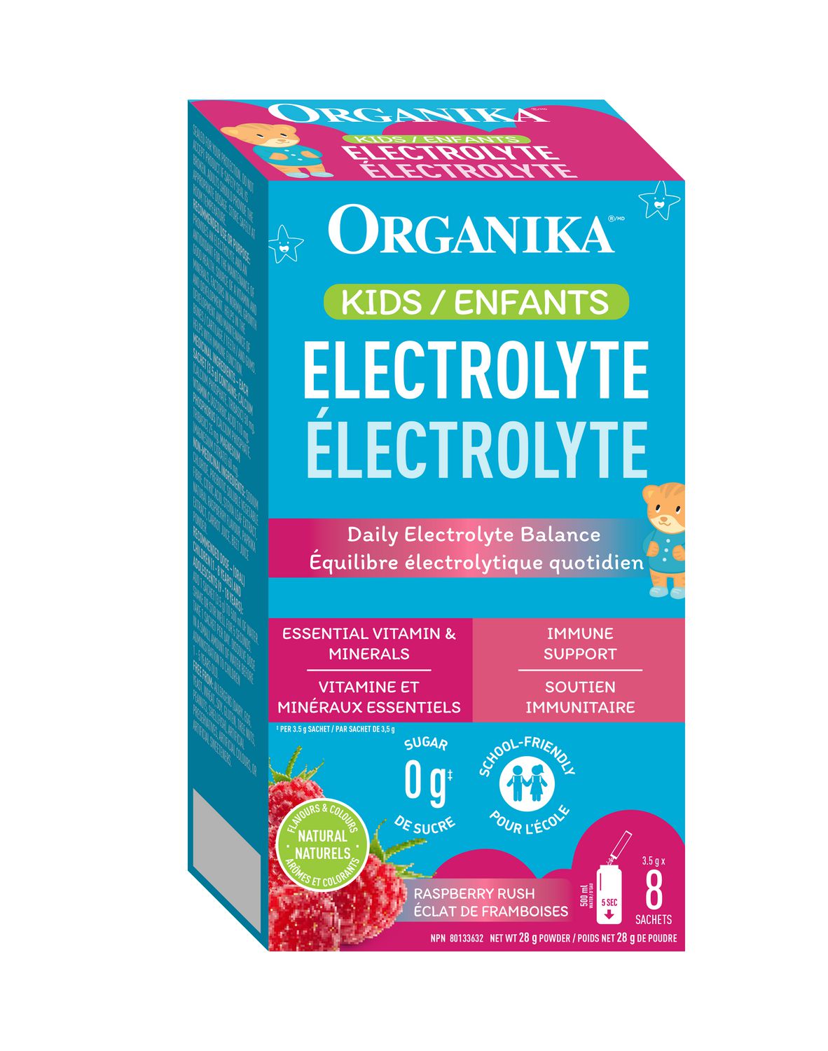 Electrolyte Sp Kids Raspbry Rush Box8 raspberry-flavoured kids electrolyte mix with vitamin C, calcium, magnesium, added prebiotic fibre and 0 grams of sugar, supports electrolyte balance, growth and development; suitable for lunchboxes or mixing into sports bottles.