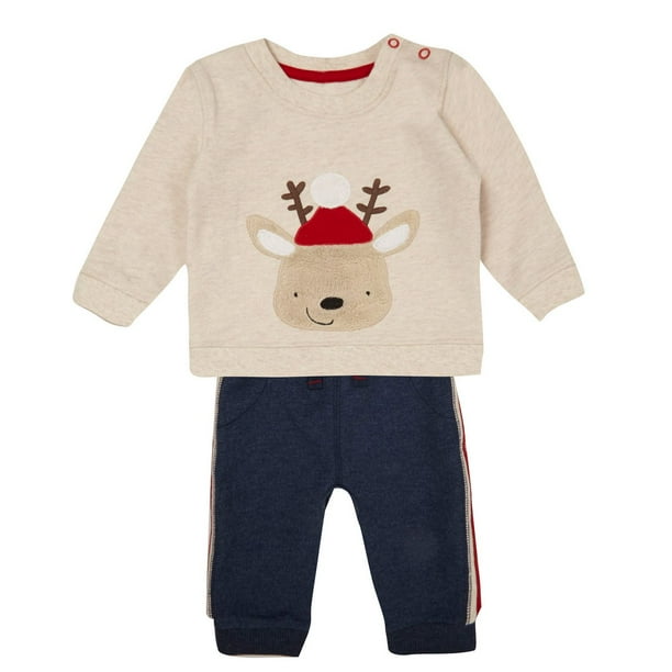 Ens. 2 pièces de Noël George avec pull molletonné à imprimé de renne et pantalon d'entraînement pour bébés