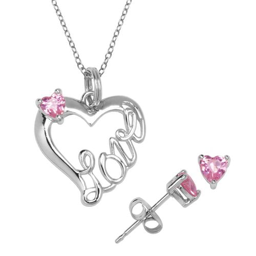 Ensemble de boucles d`oreilles et pendentif en forme de coeur en argent sterling avec zircon rose