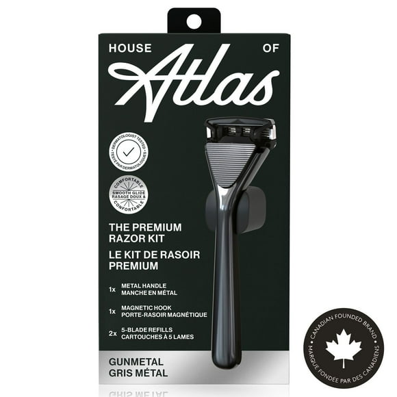 House of Atlas 5-Blade Razor Kit, Gunmetal, Metal Razor Handle + 2 Blade Refills + Magnetic Hook, Designed for comfort and grip.