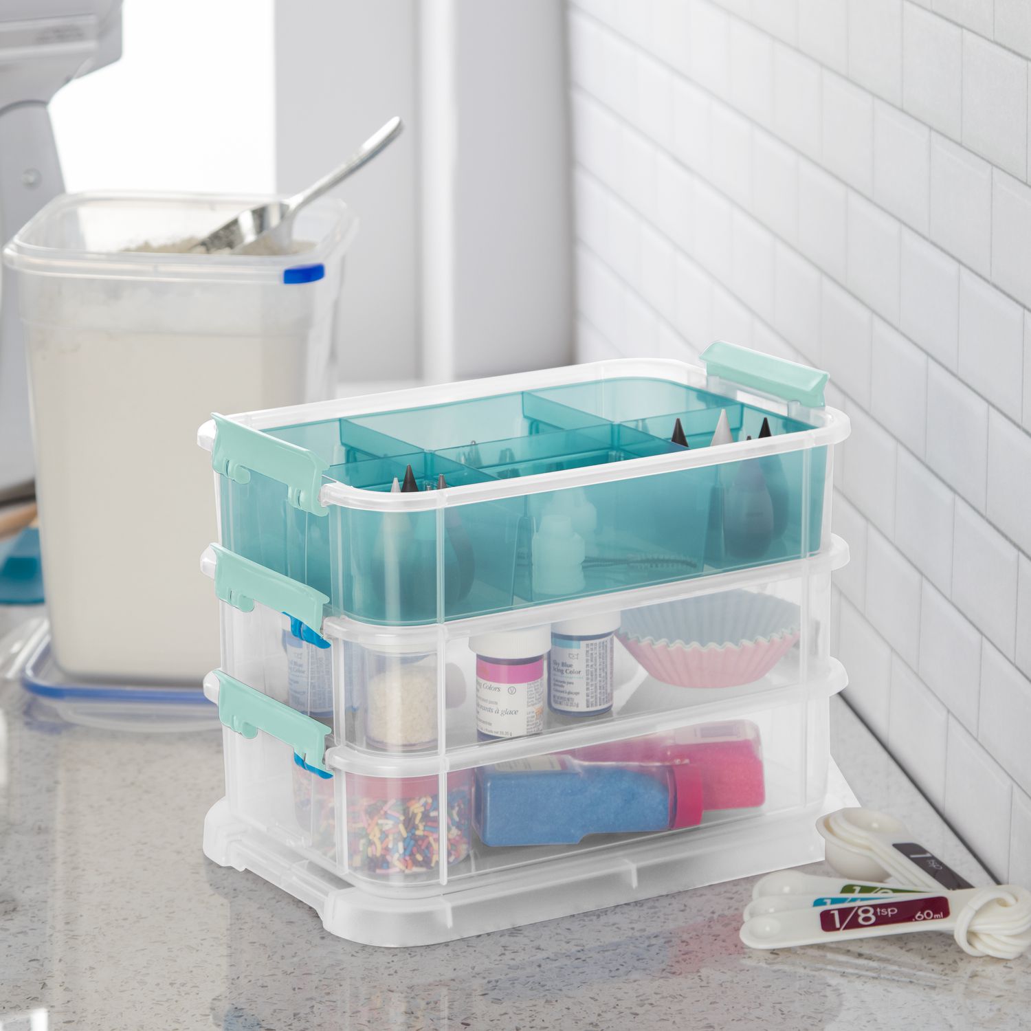 Sterilite Stack And Carry 2 Layer Handle Box Storage Container 1422 Clear Aqua 