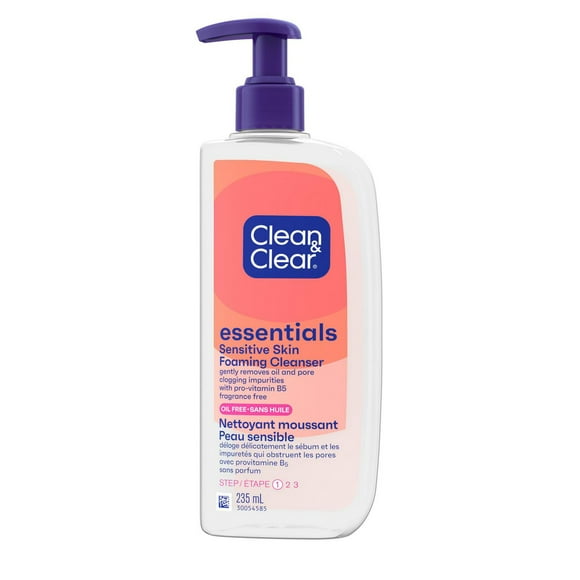 Nettoyant moussant pour le visage, sans huile, Clean & Clear Essentials, nettoyant quotidien pour le visage avec provitamine B5 qui élimine en douceur les impuretés qui obstruent les pores et le sébum sans assécher la peau, sans parfum 235 mL