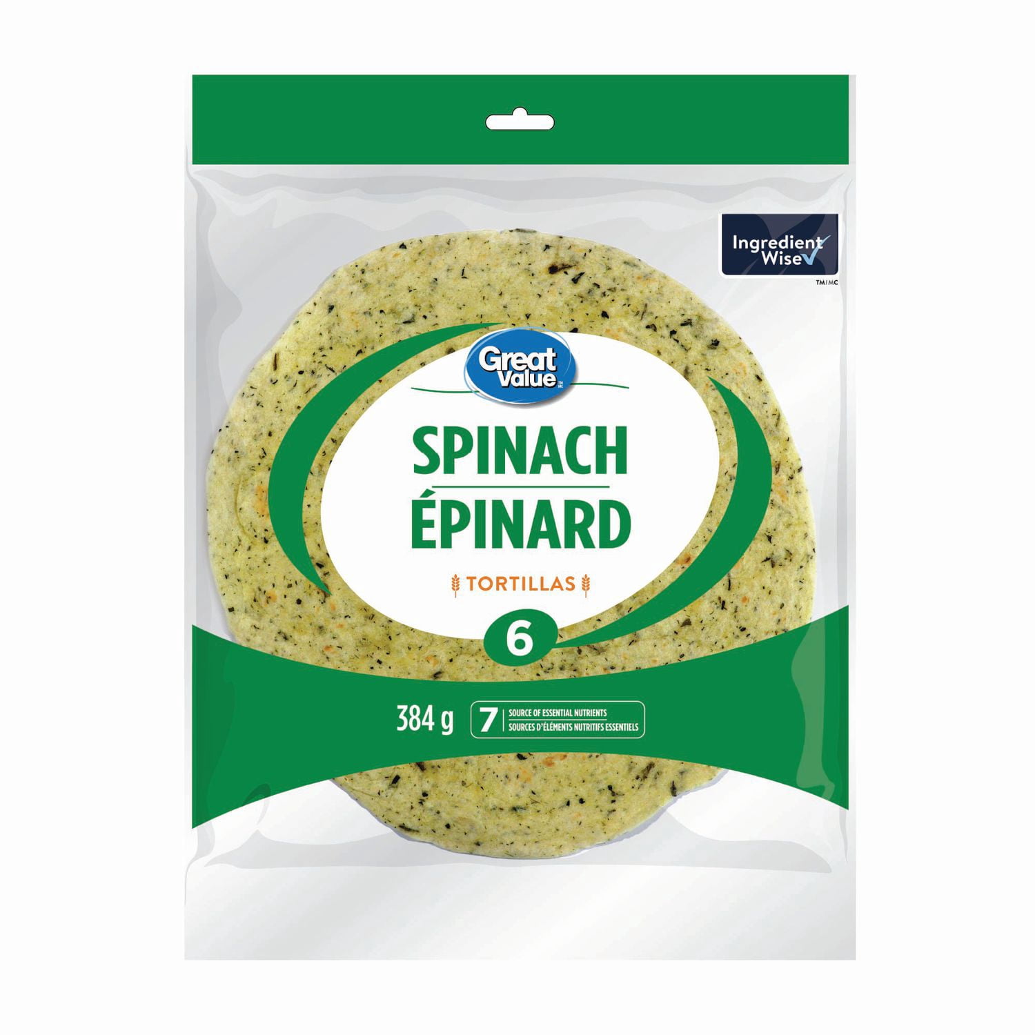 Great Value Large Spinach Tortillas, Source of 7 Essential Nutrients, 6 Count, 384 g