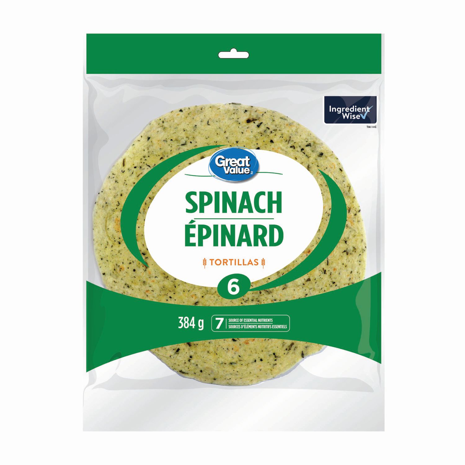 Great Value Large Spinach Tortillas, Source of 7 Essential Nutrients, 6 Count, 384 g