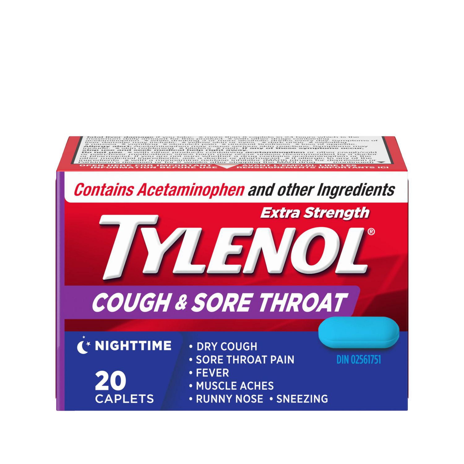 Extra Strength Tylenol Cough & Sore Throat Caplets, Combo Pack for Dual-Symptom Relief of Your Worst Cough & Sore Throat Pain, Acetaminophen 500 mg, Dextromethorphan HBr 15 mg, 24 count