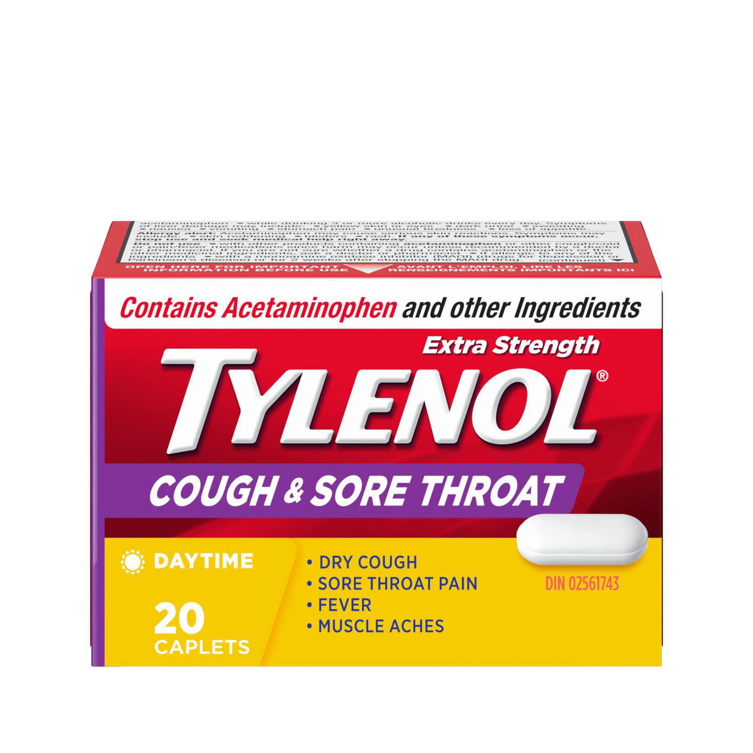 Extra Strength Tylenol Cough & Sore Throat Caplets, Combo Pack for Dual-Symptom Relief of Your Worst Cough & Sore Throat Pain, Acetaminophen 500 mg, Dextromethorphan HBr 15 mg, 20 count