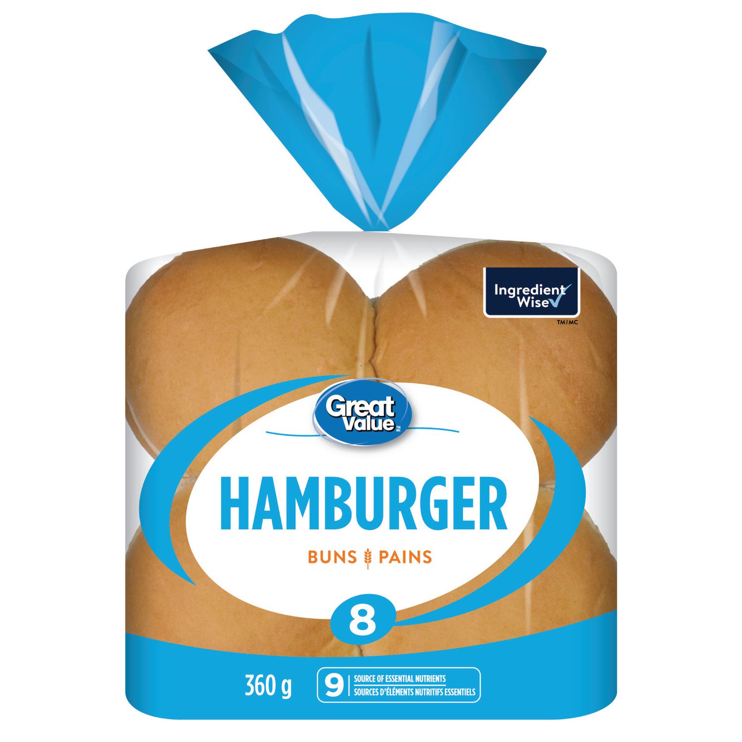 Pains à hamburger de Great Value, Source de 9 nutriments essentiels, Paquet de 8, 360 g