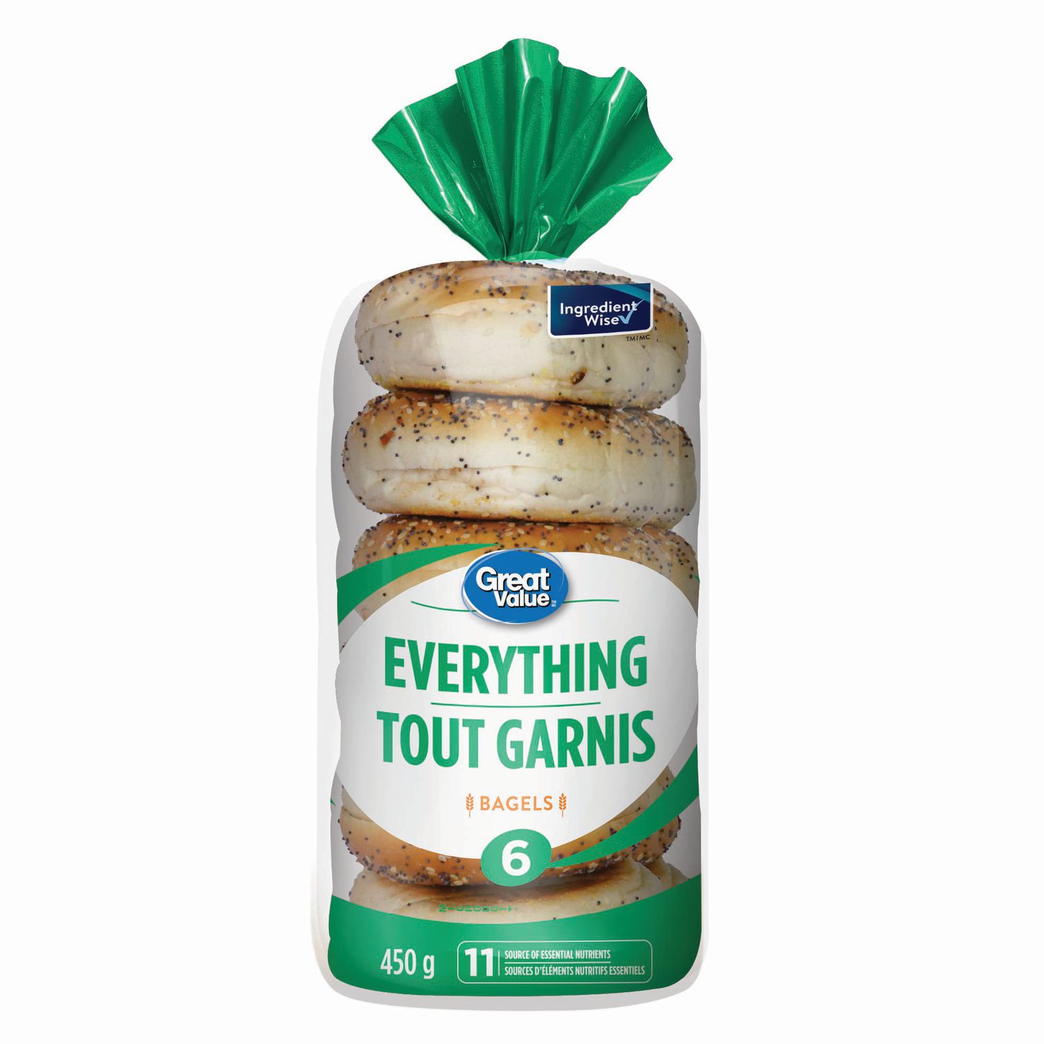 Great Value Everything Bagels, Source of 11 Essential Nutrients, 6 Count, 450 g