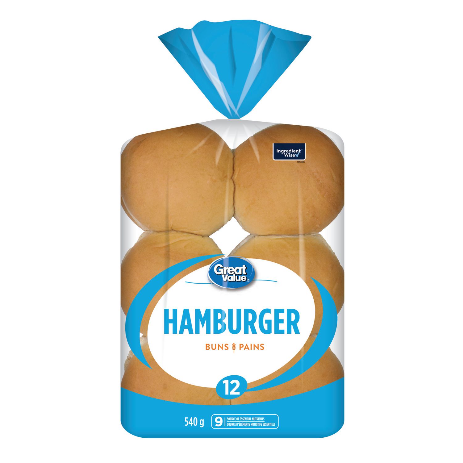 Great Value Hamburger Buns, Source of 12 Essential Nutrients, 12 Count, 540 g