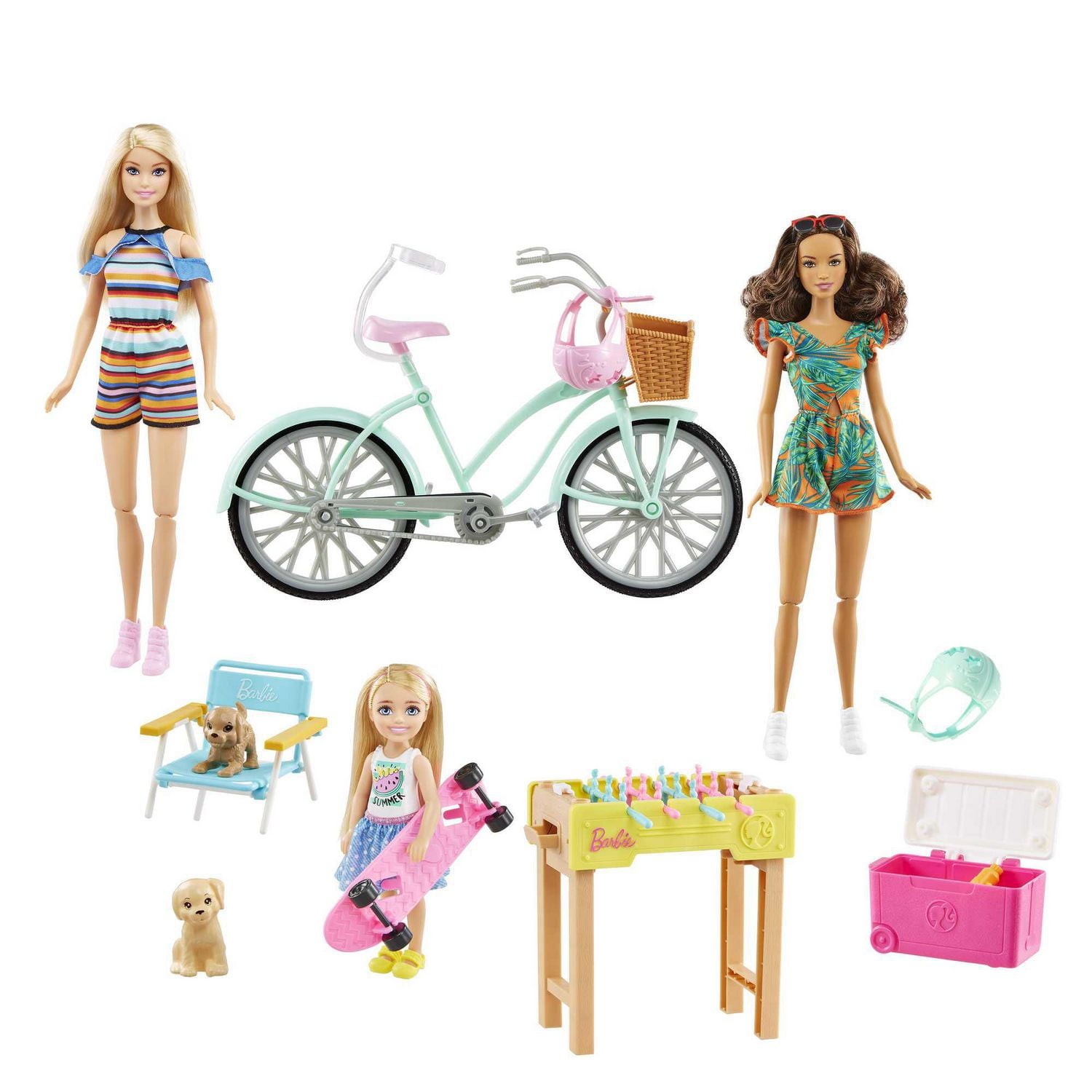 Barbie Backyard Fun Gift Set with 2 Barbie Dolls, Chelsea Doll, Pet  Puppies, Bicycle, Skateboard, Game Table & Accessories