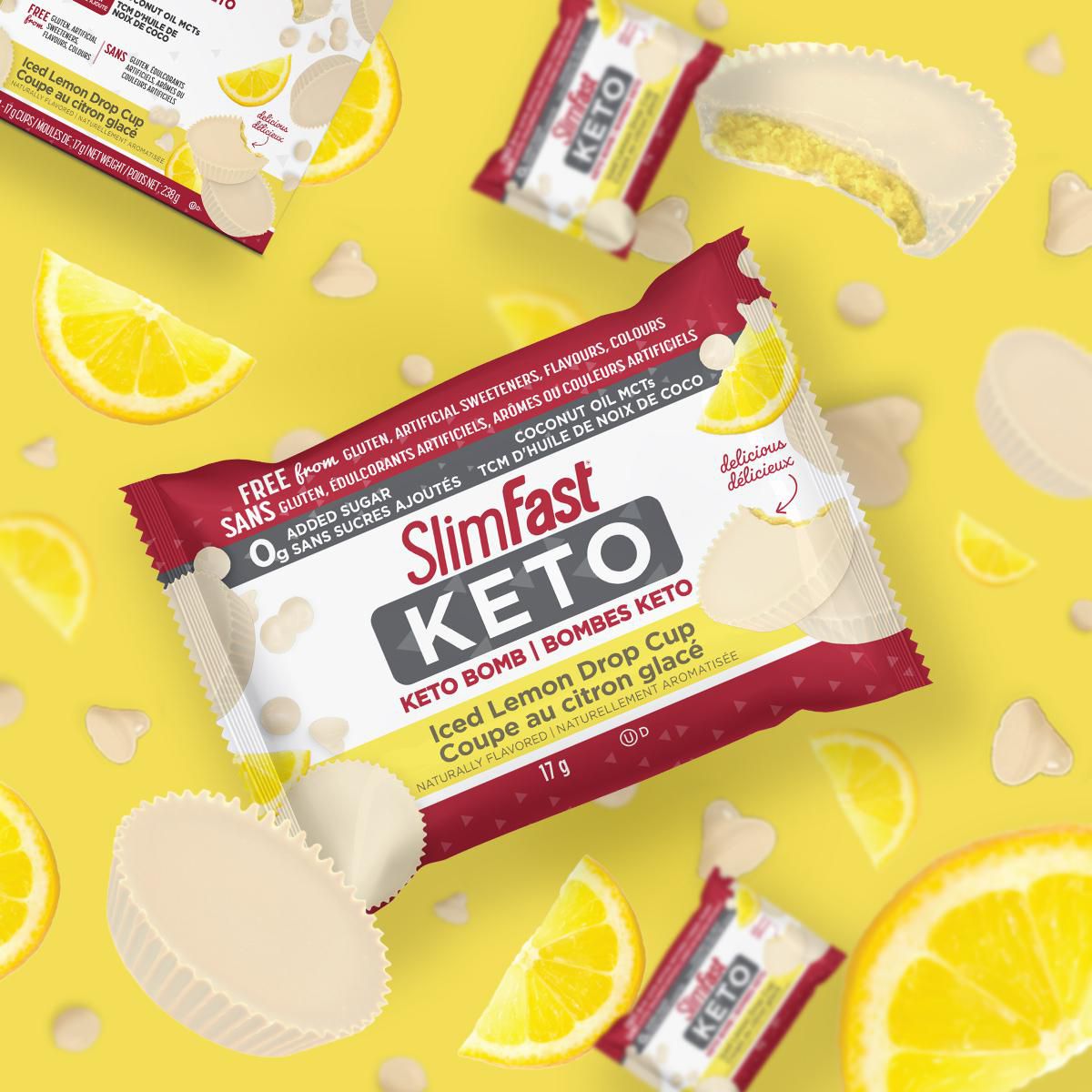 SlimFast Keto Bomb Snacks, 14x17g Iced Lemon Drop Cups Per Box, 239 Grams,  14pc x 17g 