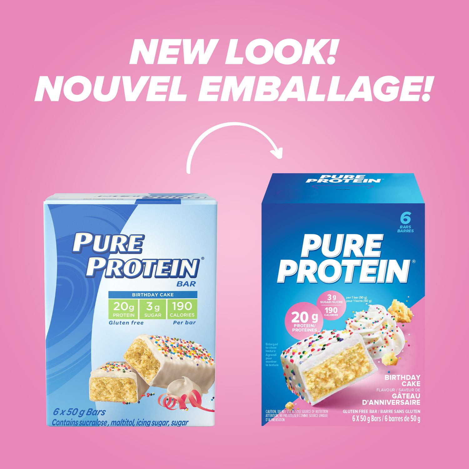 Pure Protein Birthday Cake Bars - 20 g Protein, Low Sugar, Gluten Free snack with Whey Blend, made in Canada, 6 Pack