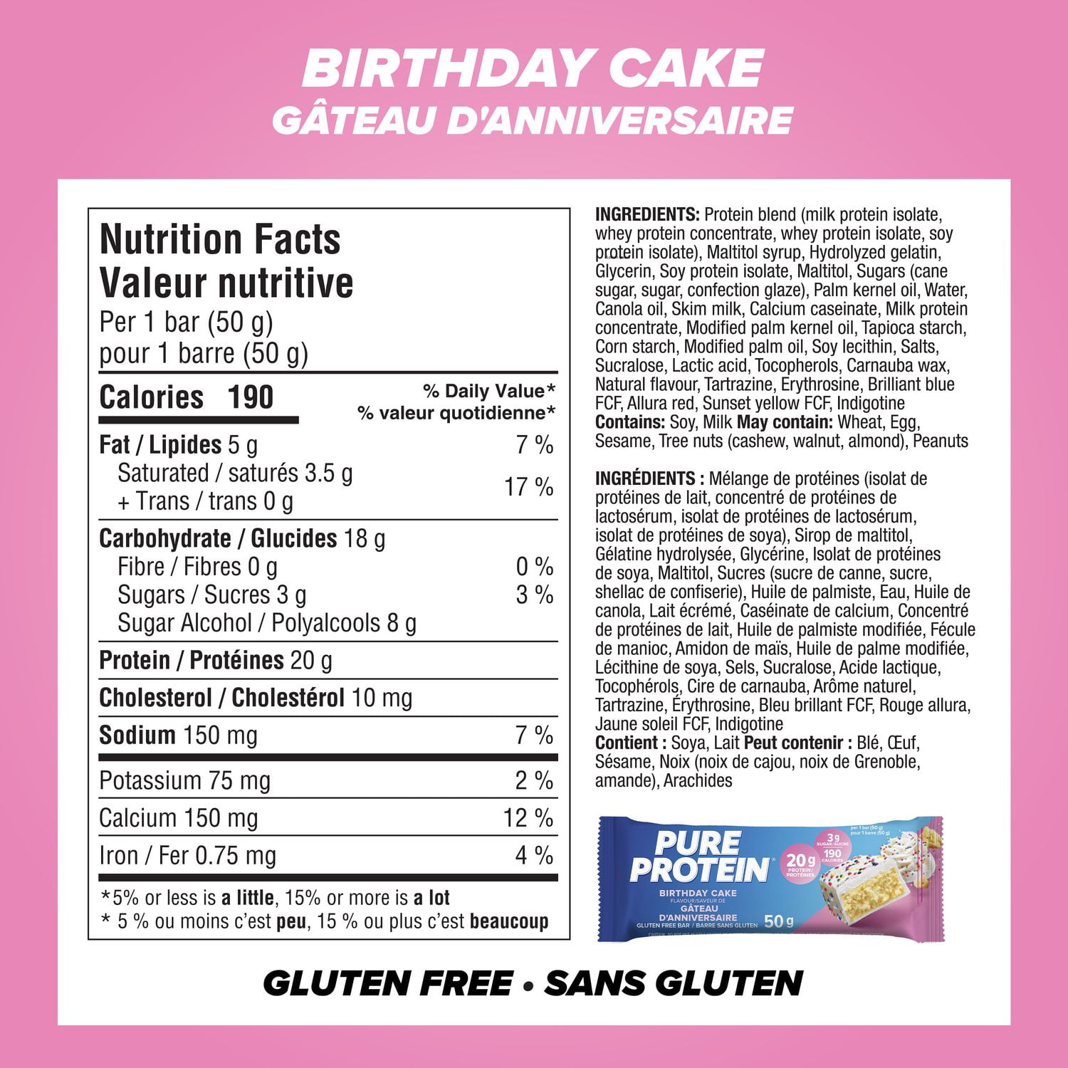 Pure Protein Birthday Cake Bars - 20 g Protein, Low Sugar, Gluten Free snack with Whey Blend, made in Canada, 6 Pack