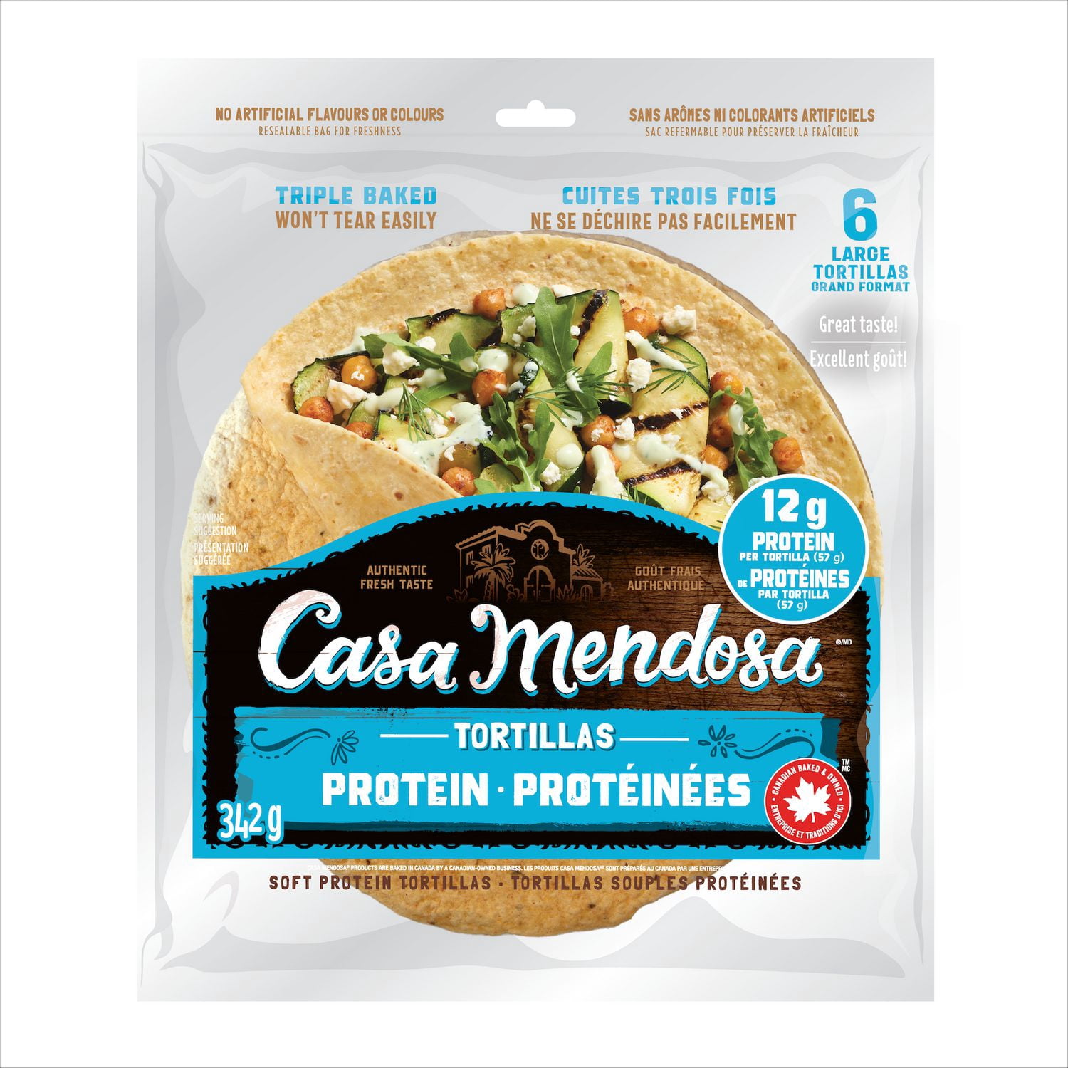 Casa Mendosa tortillas protéinées souples de farine, 12 g protéines par tortilla, grand format, Paquet de 6, 342 g