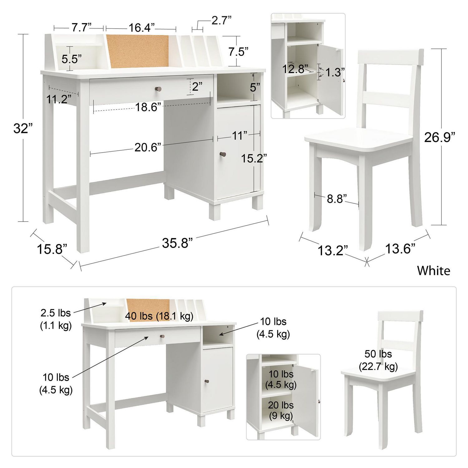 UTEX Kids Corner Study Desk With Hutch In White– spirichhome