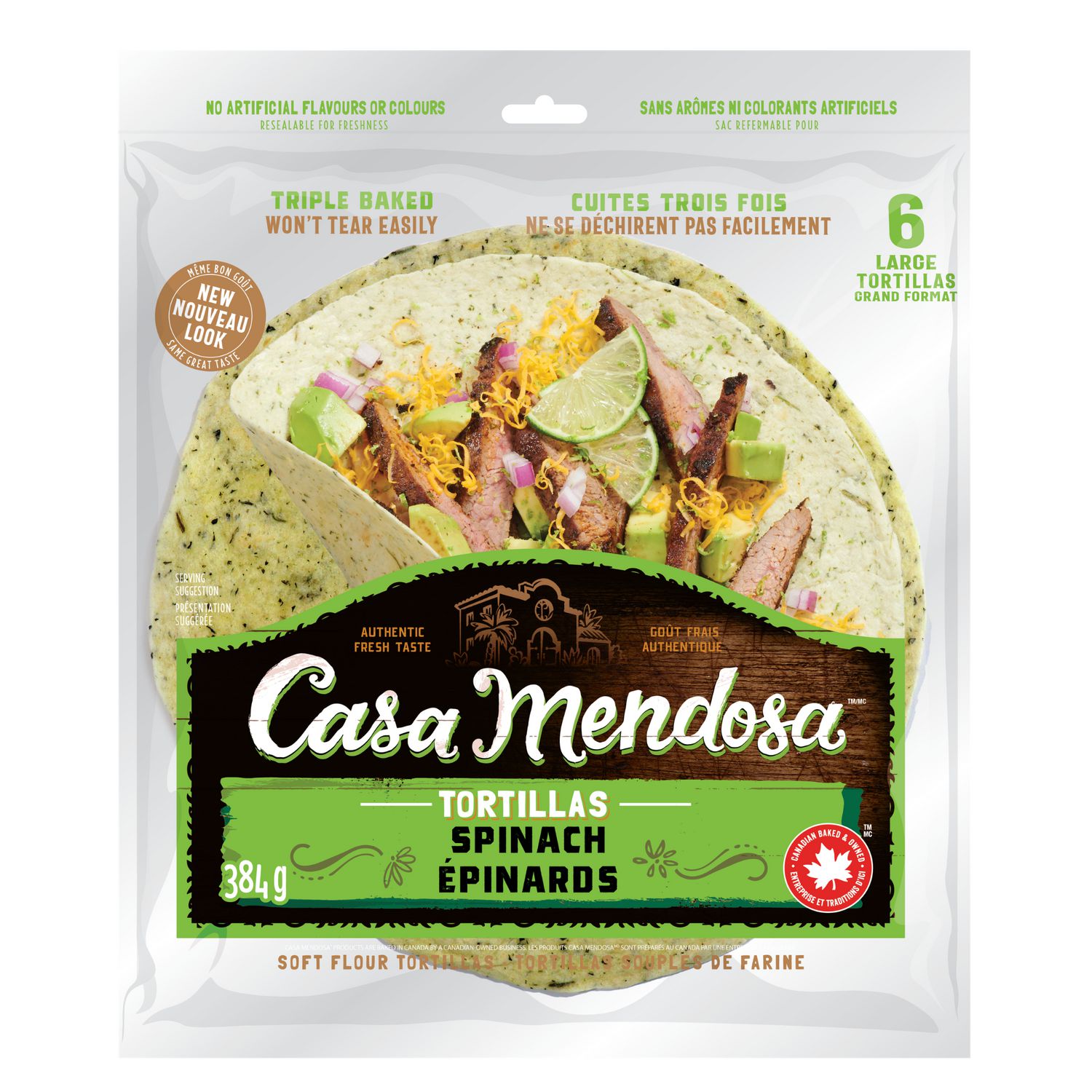 Casa Mendosa Spinach Soft Flour Tortillas, No Artificial Flavours or Colours, 10" Large, 6 Count, 384 g