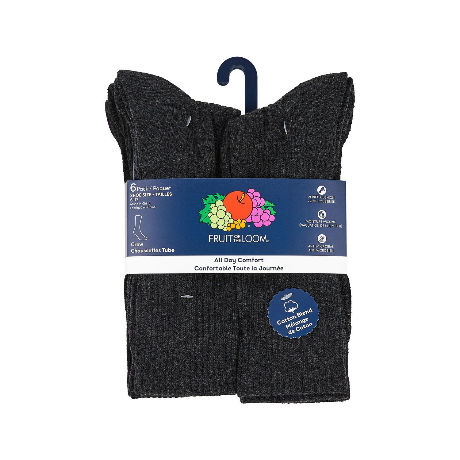 Fruit of the Loom Men's All Day Comfort Cotton Blend Crew Socks, Sizes 6-12 (6 Pack)