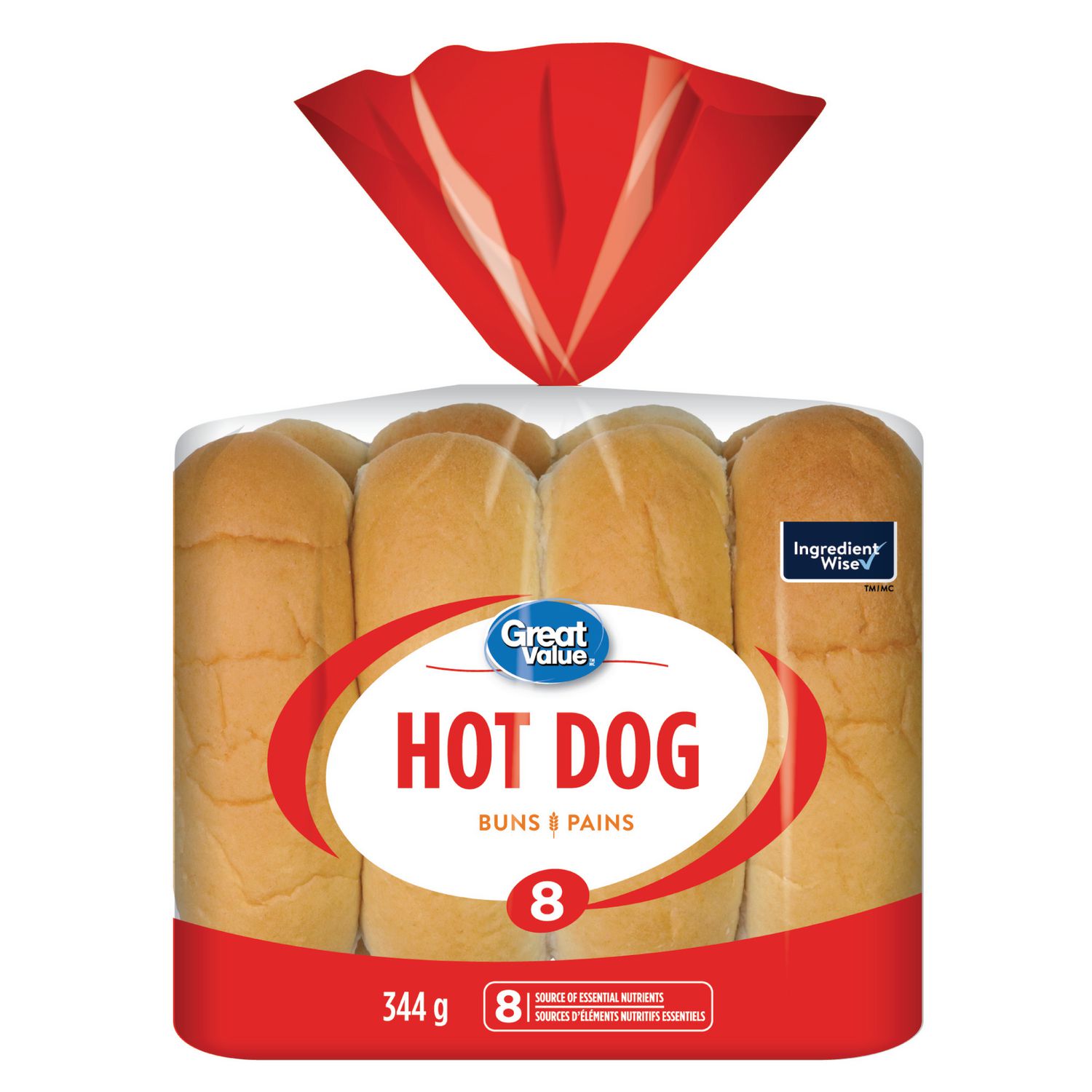 Great Value Hot Dog Buns, Source of 8 Essential Nutrients, 8 Count, 344 g