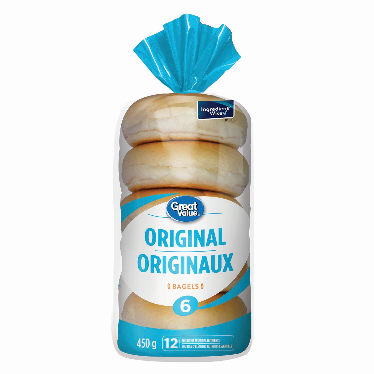 Great Value Original Bagels, Source of 12 Essential Nutrients, 6 Count, 450 g