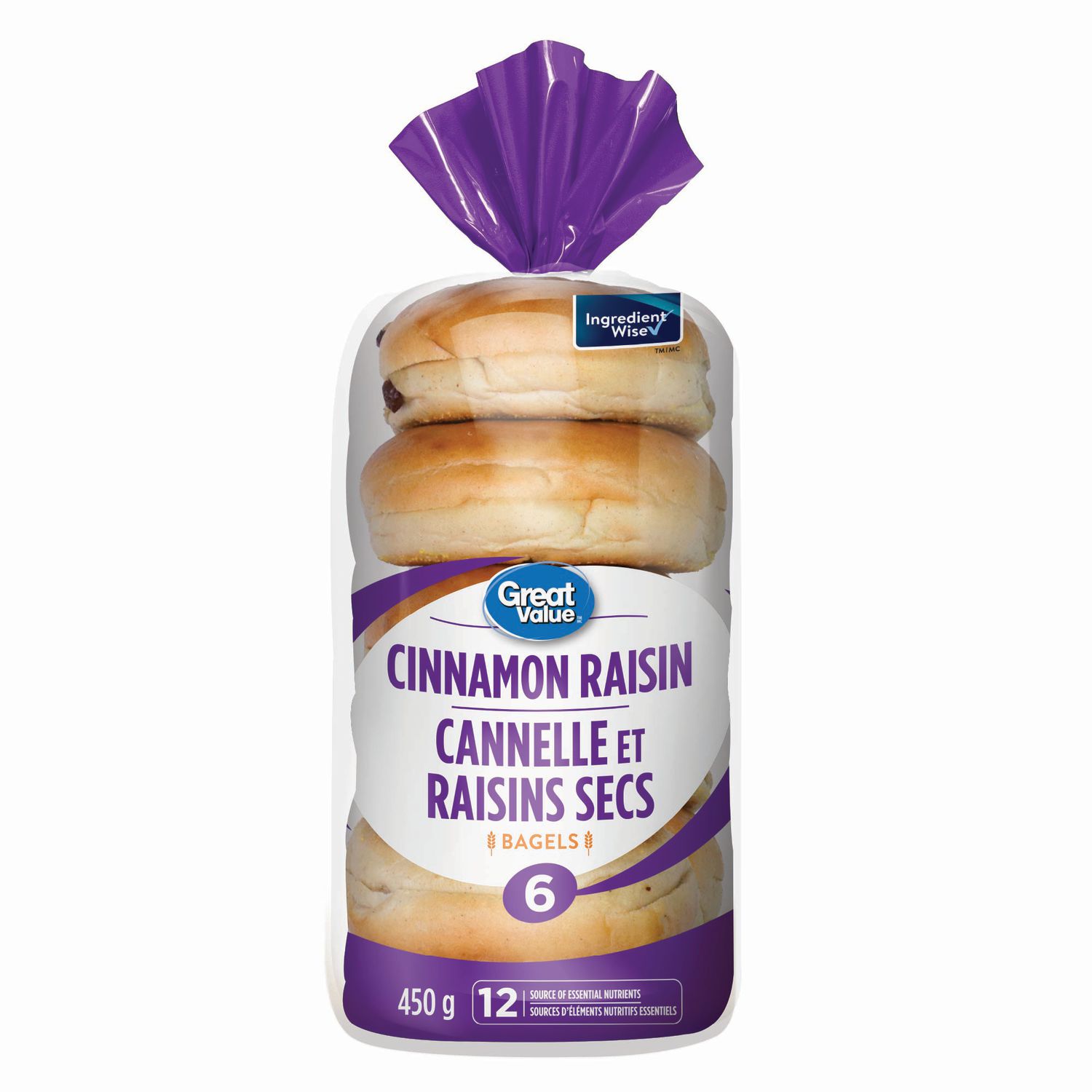 Great Value Cinnamon Raisin Bagels, Source of 12 Essential Nutrients, 6 Count, 450 g