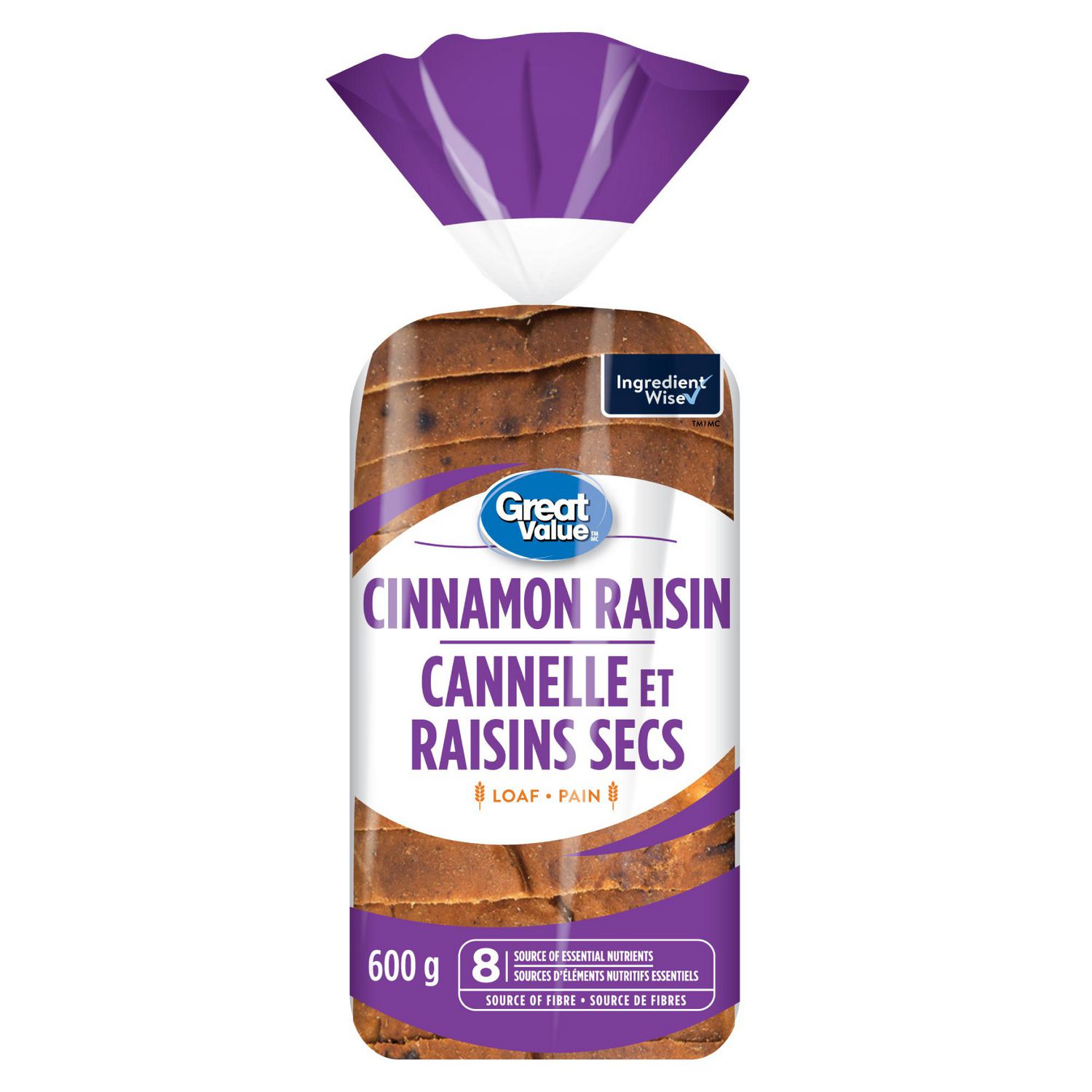 Great Value Cinnamon Raisin Bread, Source of 8 Essential Nutrients, 600 g