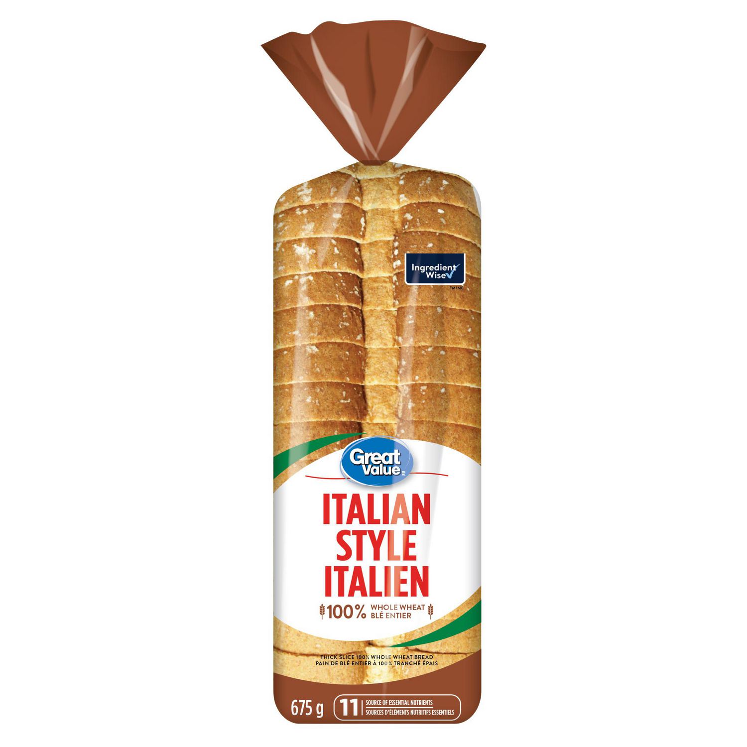Great Value Italian Style Whole Wheat Bread, Source of 11 Essential Nutrients, 675 g