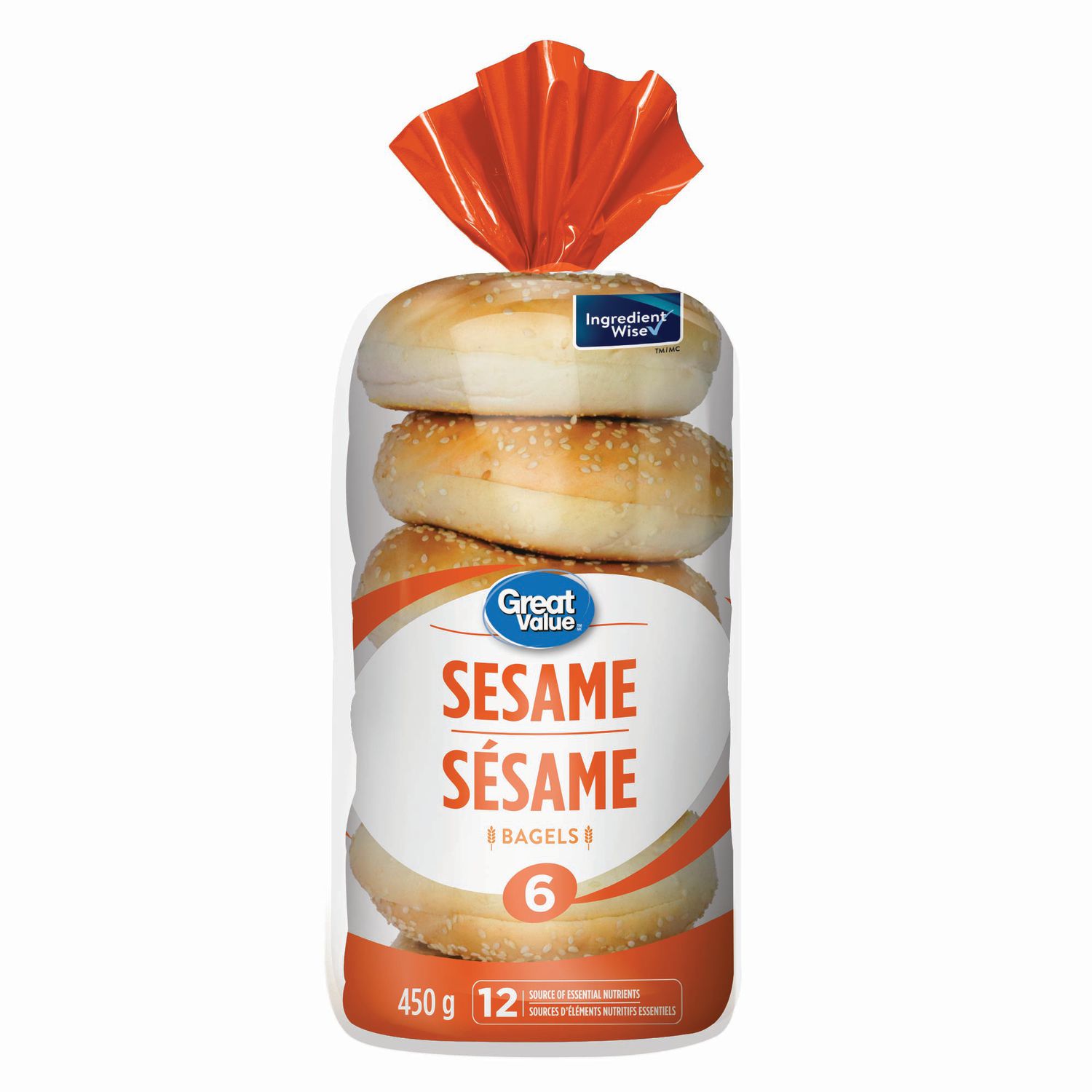 Great Value Sesame Bagels, Source of 12 Essential Nutrients, 6 Count, 450 g