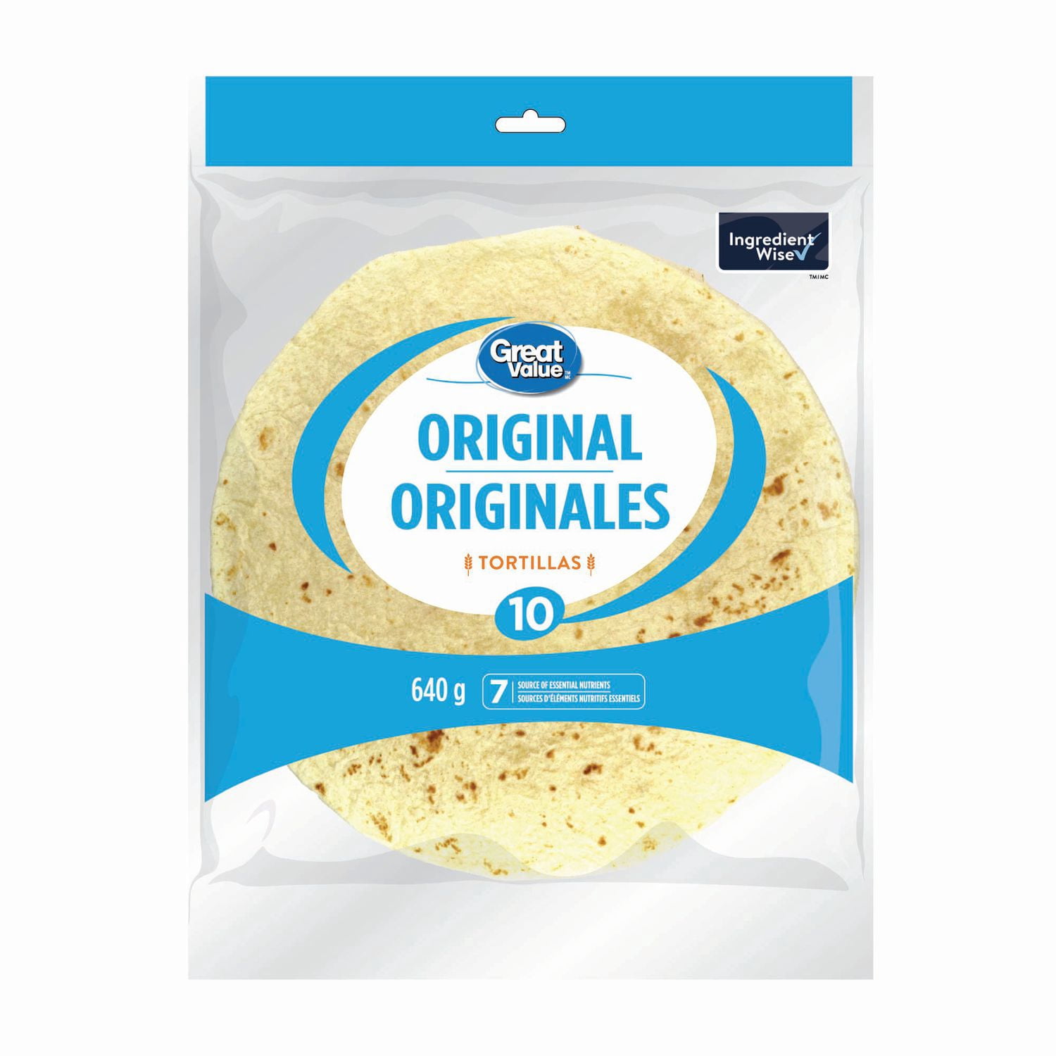 Great Value 10" White Tortillas, Source of 7 Essential Nutrients, 10 Count, 640 g