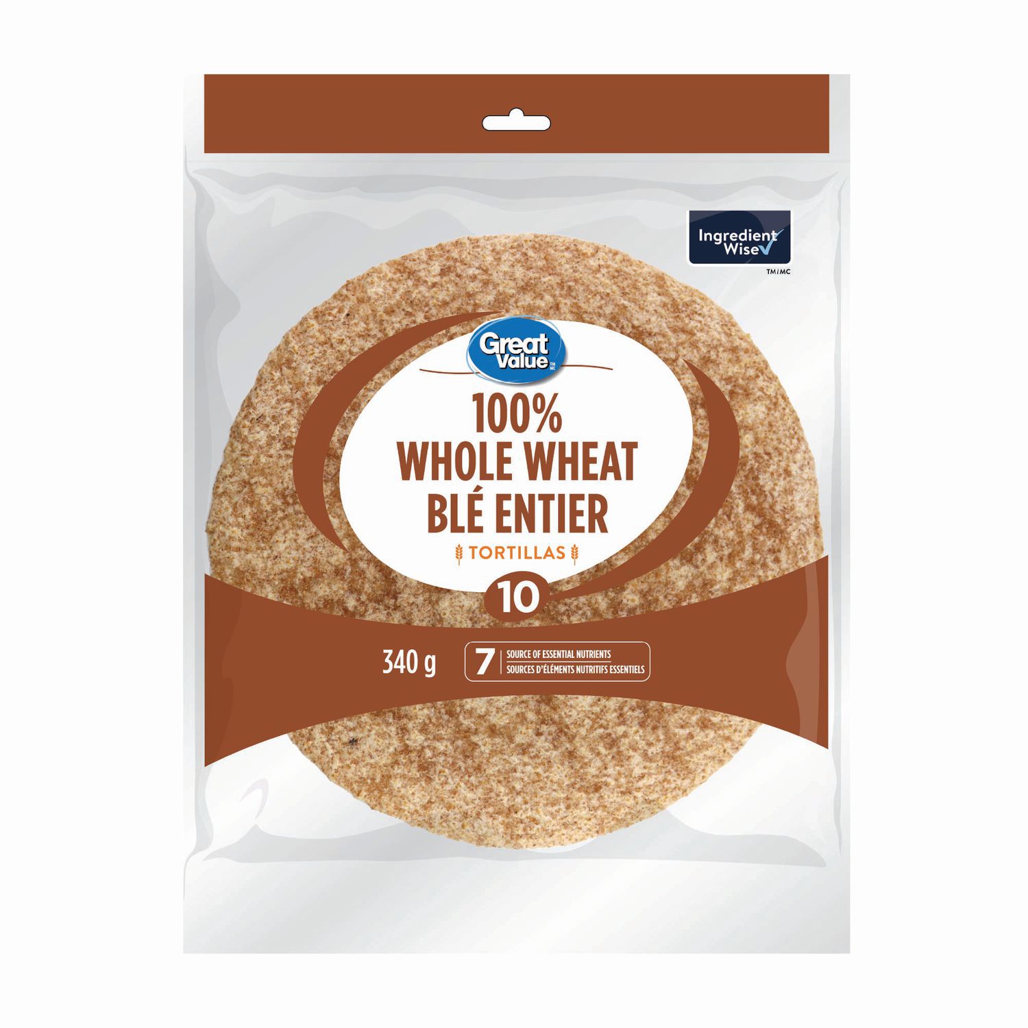 Tortillas 100% blé entier 7" de Great Value, Source de 7 nutriments essentiels, Paquet de 10, 340 g