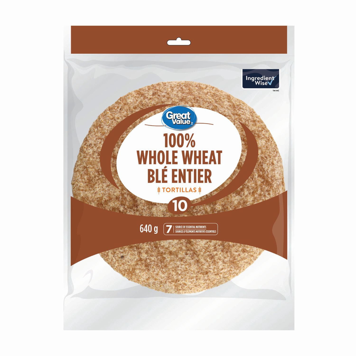 Great Value 10" Whole Wheat Tortillas, Source of 7 Essential Nutrients, 10 Count, 640 g