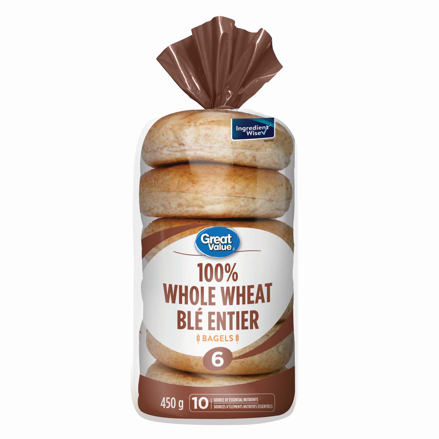 Great Value Whole Wheat Bagels, Source of 10 Essential Nutrients, 6 Count, 450 g