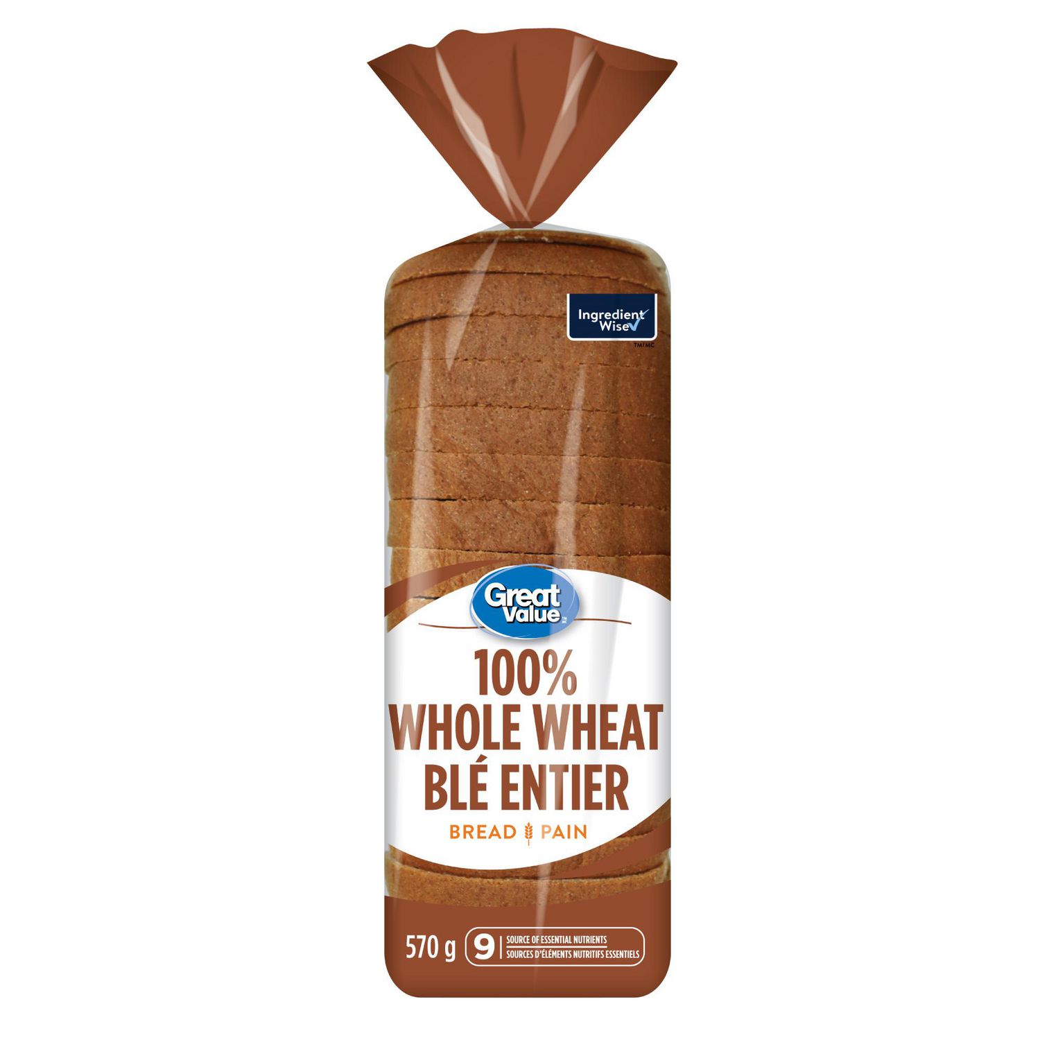 Great Value Whole Wheat Bread, Source of 9 Essential Nutrients, 570 g
