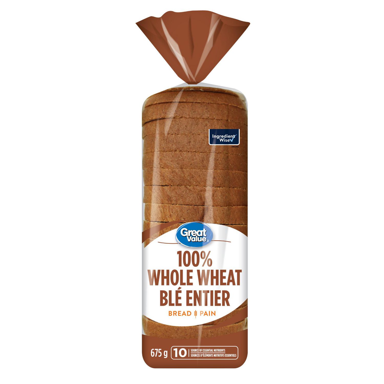 Pain 100% blé entier de Great Value, Source de 12 nutriments essentiels, 675 g