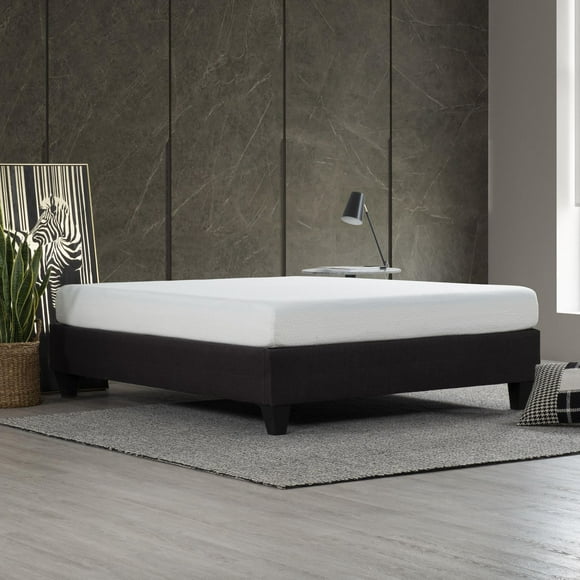 Base de lit simple plateforme Carter de Primo International, gris foncé (27259) – Base de lit simple en bois avec coins rembourrés – Base de lit en tissu de style contemporain, moderne et neutre avec pattes de 14 cm.