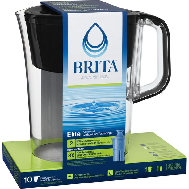Grand pichet de filtration d’eau BritaMC d’une capacité de 10 tasses avec 1 filtre EliteMC de BritaMC, sans BPA, modèle Tahoe noir Pichet tahoe exempt de BPA