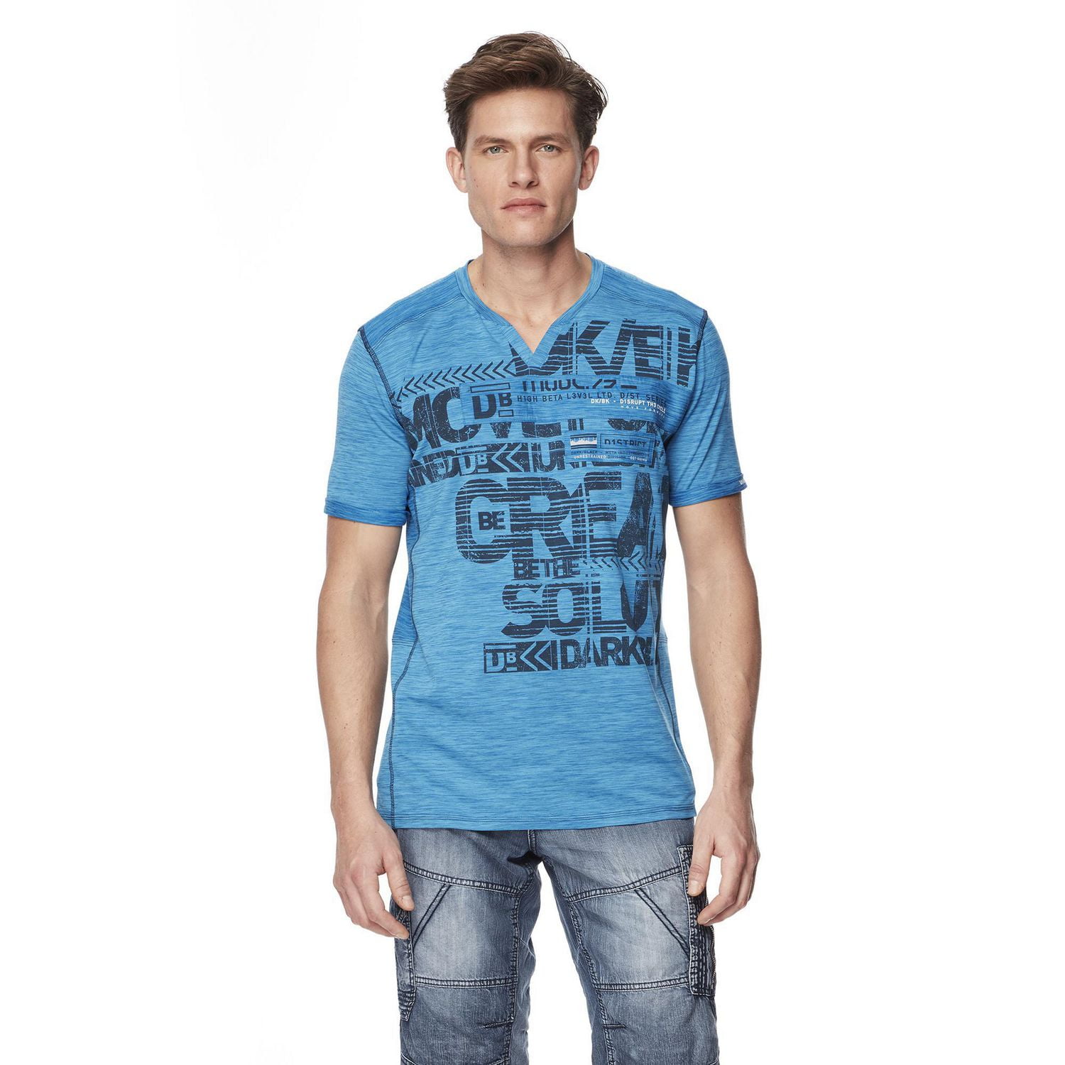 Dark Black Men's Short-Sleeve Graphic V-Neck T-Shirt with Peach Finish