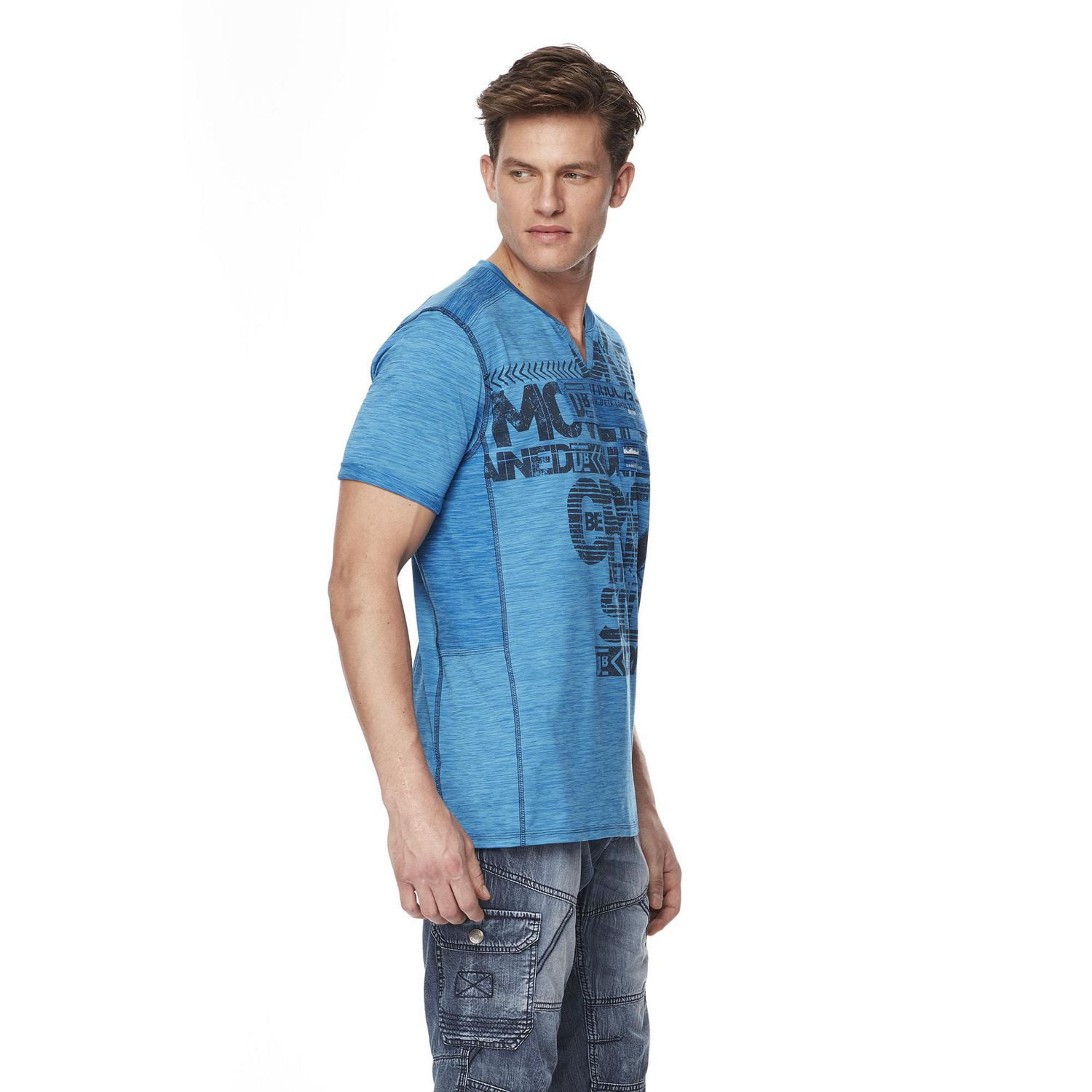 Dark Black Men's Short-Sleeve Graphic V-Neck T-Shirt with Peach Finish