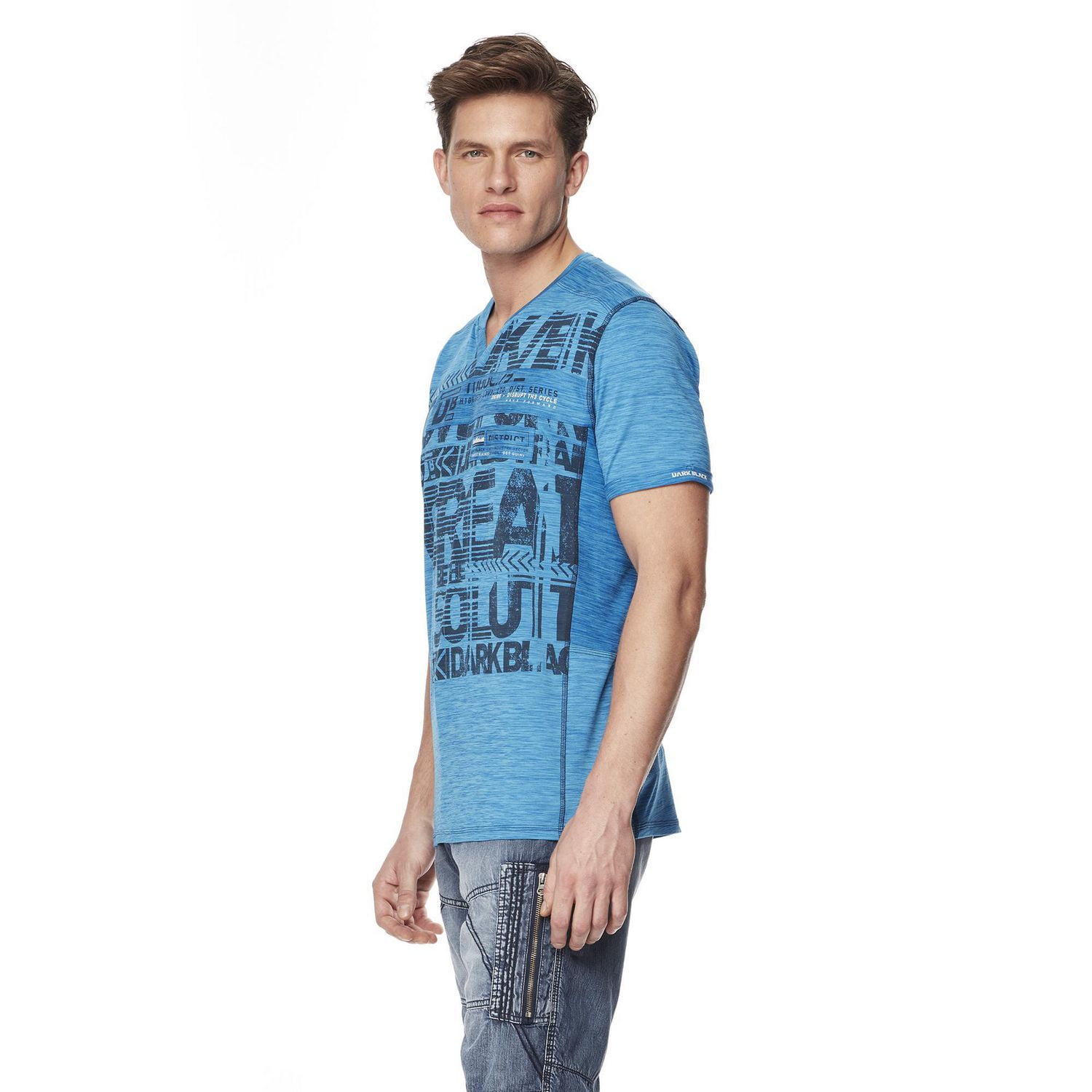 Dark Black Men's Short-Sleeve Graphic V-Neck T-Shirt with Peach Finish