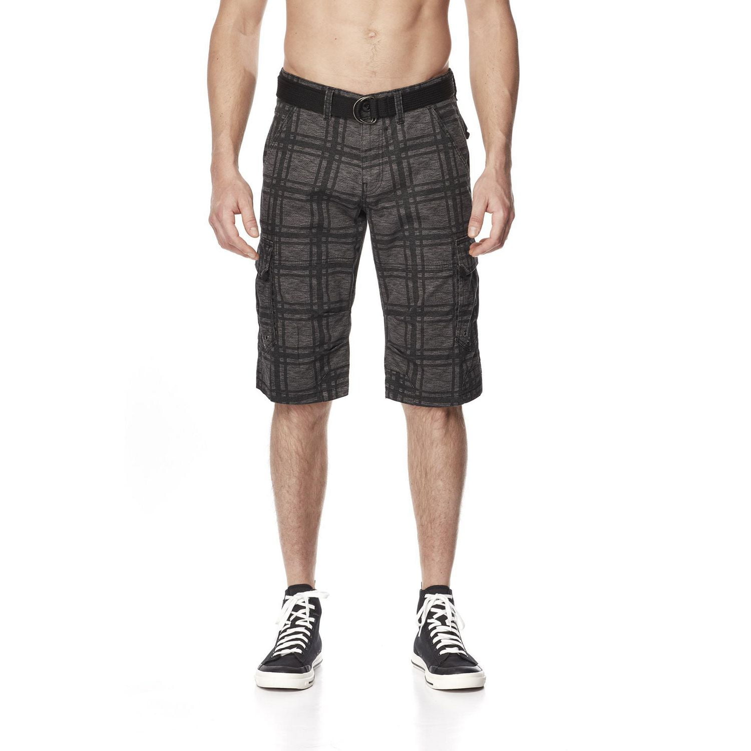 Dark Black Men's Plaid Cargo Capri with Belt