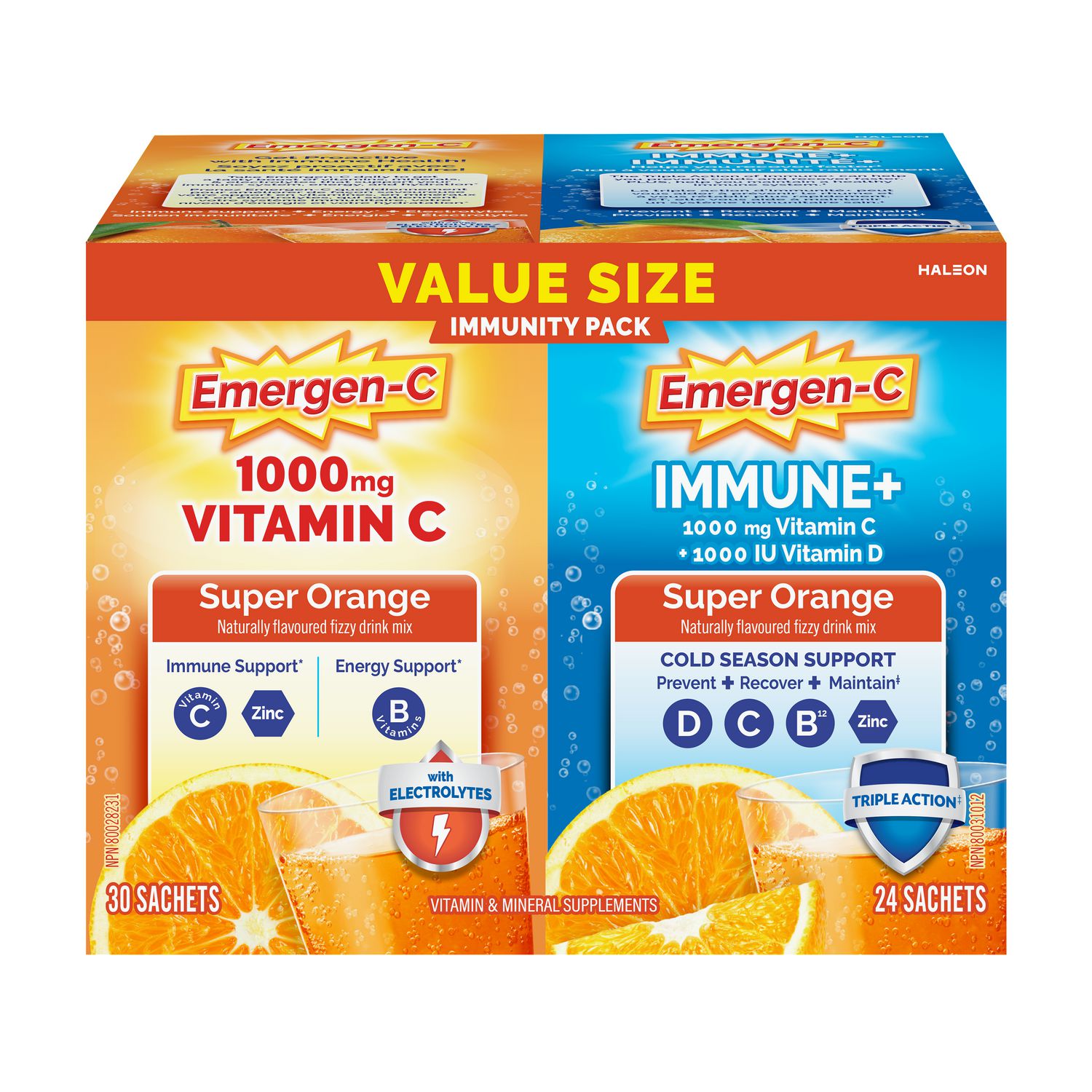 EMERGEN-C Super Orange (Effervescent Powder) 30 Sachets + EMERGEN-C Immune Plus Super Orange (Powder) 24 Sachets VALUE SIZE
