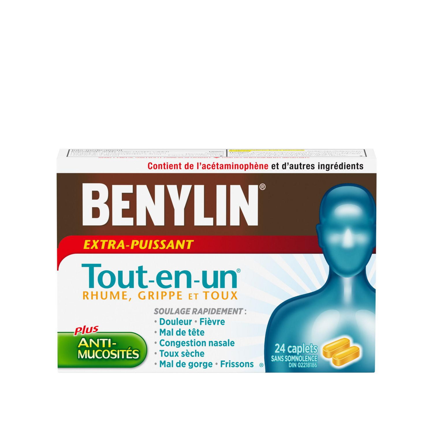 Benylin Extra-puissant, Tout-en-un® Rhume, toux et grippe, Jour, soulage les symptômes de rhume, toux et grippe 24 u