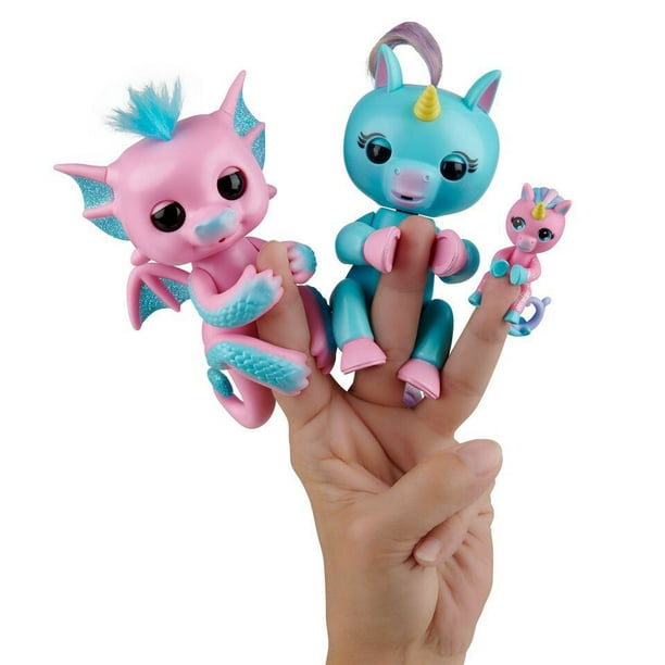 Lot de 2 dragon et licorne Fingerlings avec une meilleure amie miniature - Bubbles (Rose & Bleu), Becca (Bleu & Rose) et Bianca (Rose) - Par WowWee
