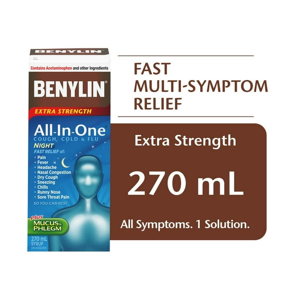 Benylin Extra-puissant, Tout-en-un® Toux, rhume et grippe, Nuit, soulage les symptômes de rhume, toux et grippe, sirop 270 ml