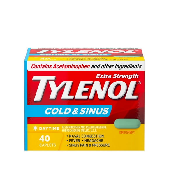 Tylenol Cold & Sinus Daytime, Extra Strength, Fever Relief, 500mg Acetaminophen, Pseudoephedrine Hydrochloride, 40 caplets