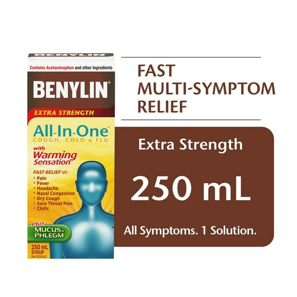 Benylin Extra-puissant, Tout-en-un® Toux, rhume et grippe avec Effet de chaleur, soulage les symptômes de rhume, toux et grippe, sirop 250 ml