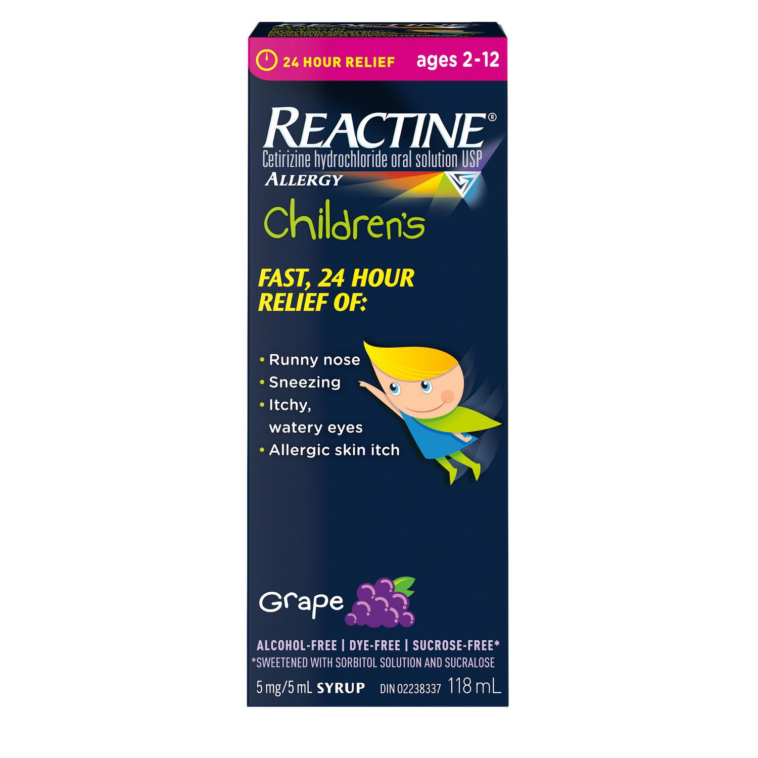 Reactine Enfants Médicament liquide pour les allergies, saveur de raisin, 5 mg, 118 ml